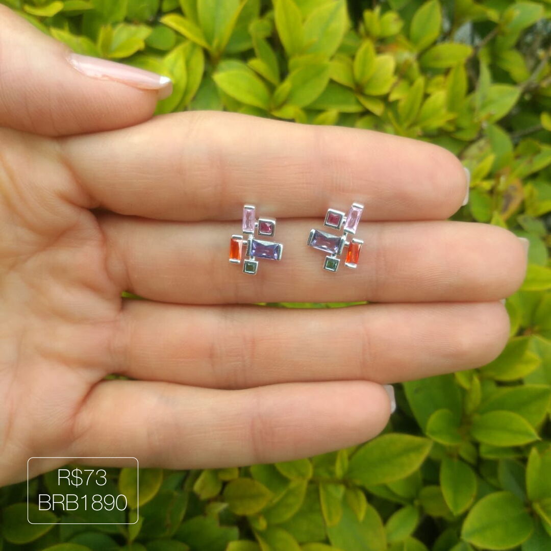 Brinco 3 Baguetes + 2 Carrés Rainbow Prateado